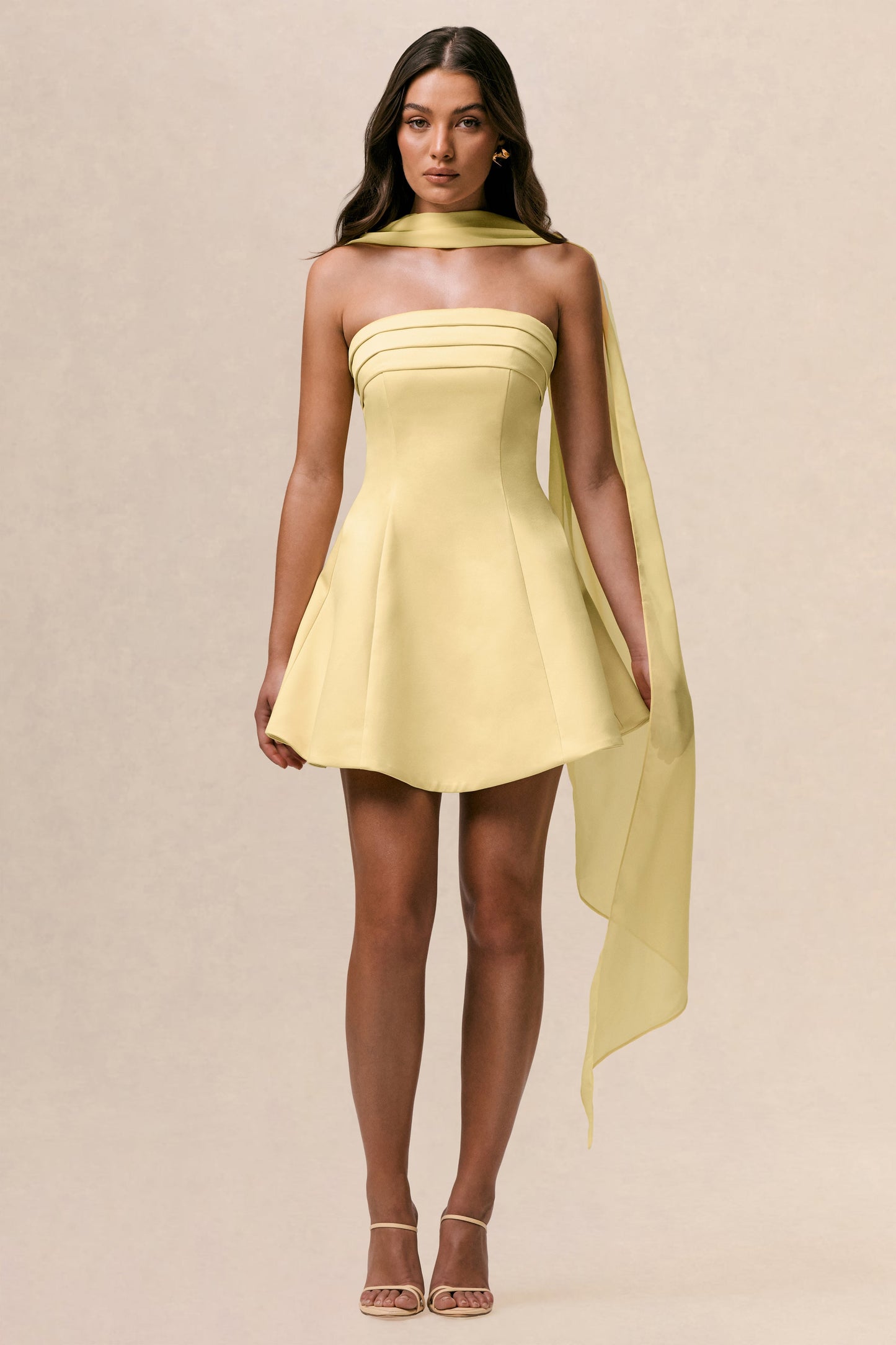 Love Me | Lemon Satin Skater Mini Dress With Chiffon Scarf