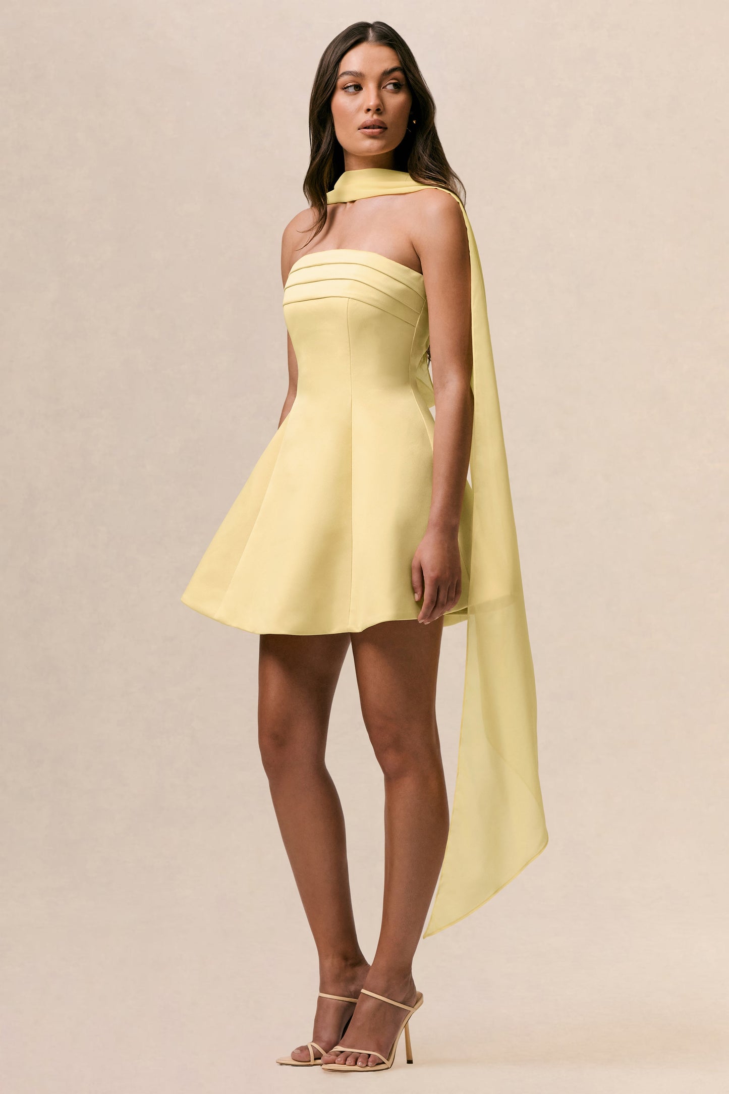 Love Me | Lemon Satin Skater Mini Dress With Chiffon Scarf
