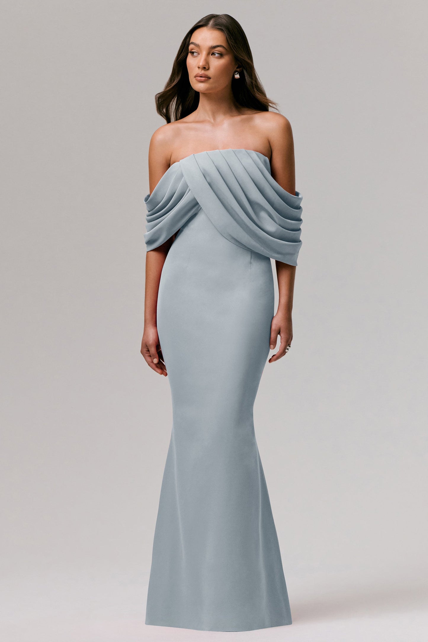 Serene | Powder Blue Draped Bardot Maxi Dress
