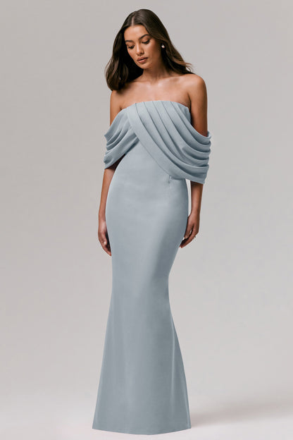 Serene | Powder Blue Draped Bardot Maxi Dress