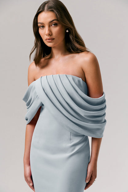 Serene | Powder Blue Draped Bardot Maxi Dress