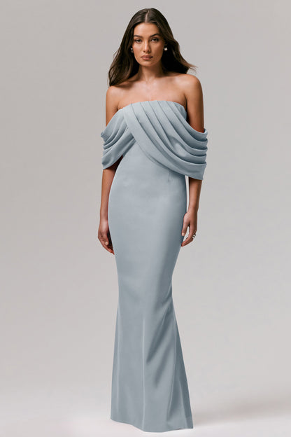 Serene | Powder Blue Draped Bardot Maxi Dress