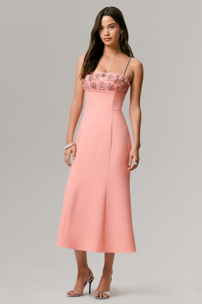One To Remember | Coral Square-Neck Embellished Midi Dress