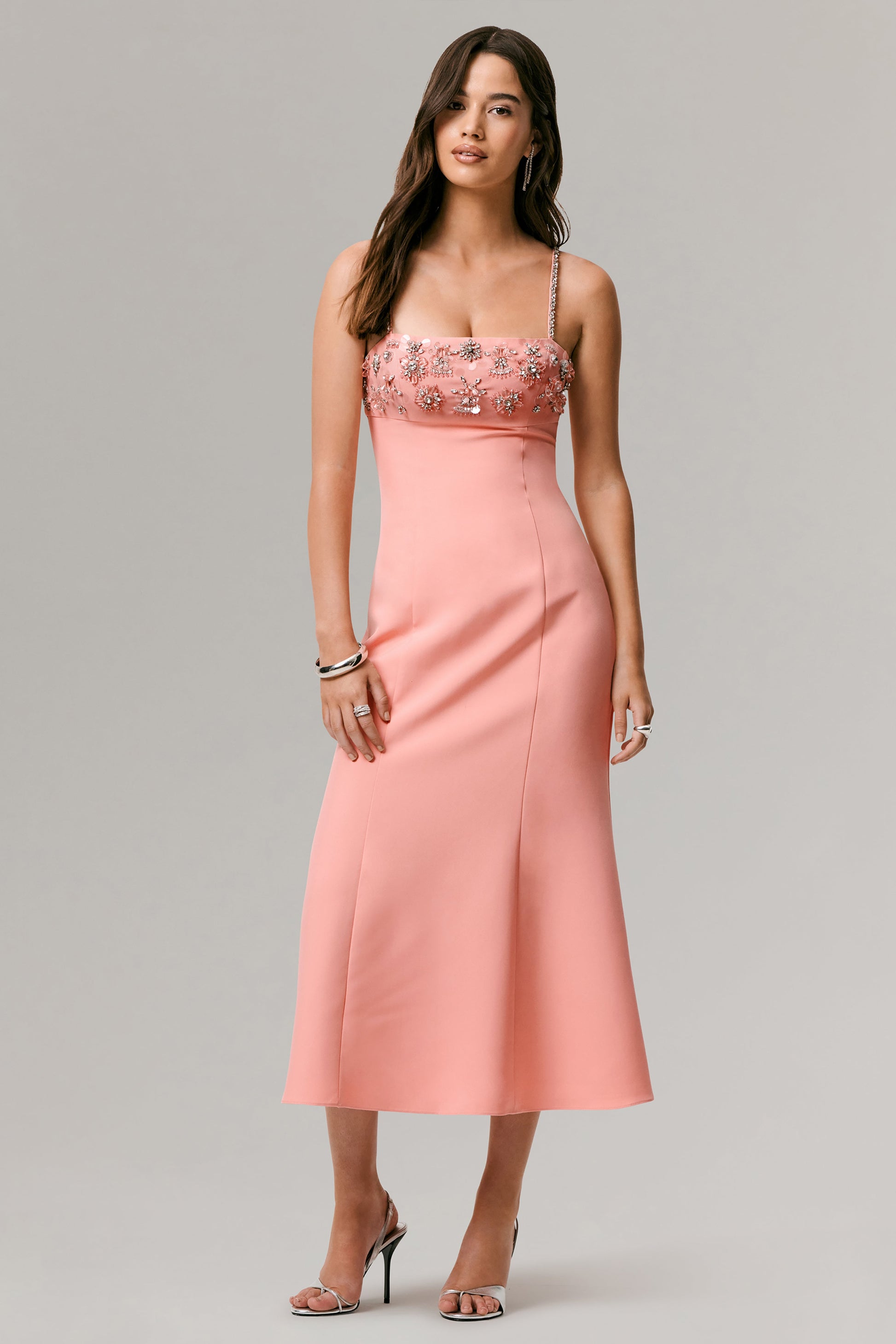 One To Remember | Coral Square-Neck Embellished Midi Dress