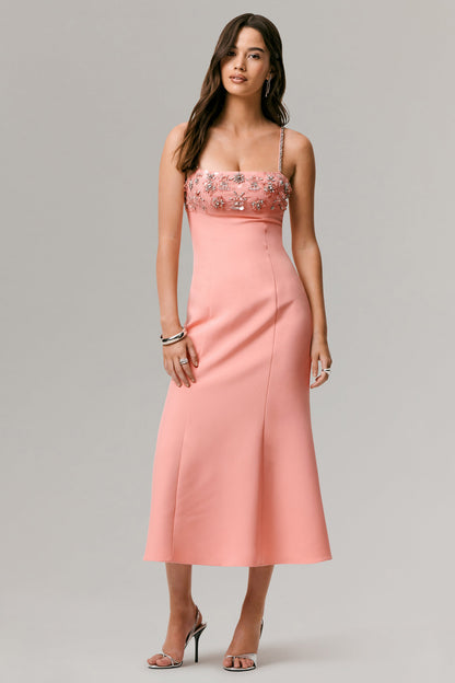 One To Remember | Coral Square-Neck Embellished Midi Dress