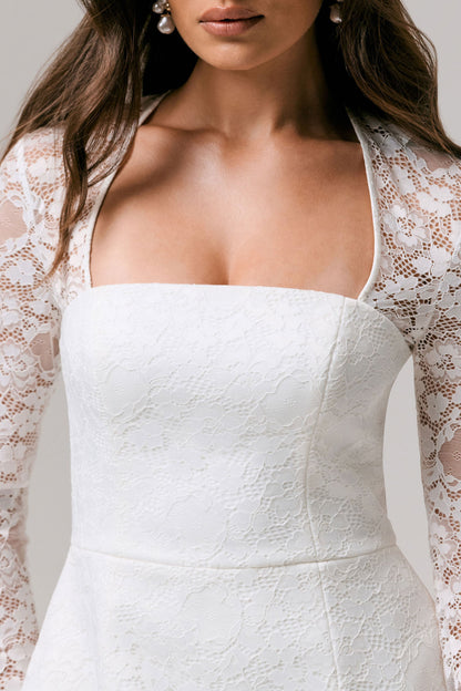 Bijou | White Square-Neck Lace Long-Sleeve Mini Dress