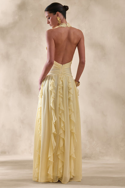 Bea | Lemon Plunge-Neck Ruffled Maxi Dress