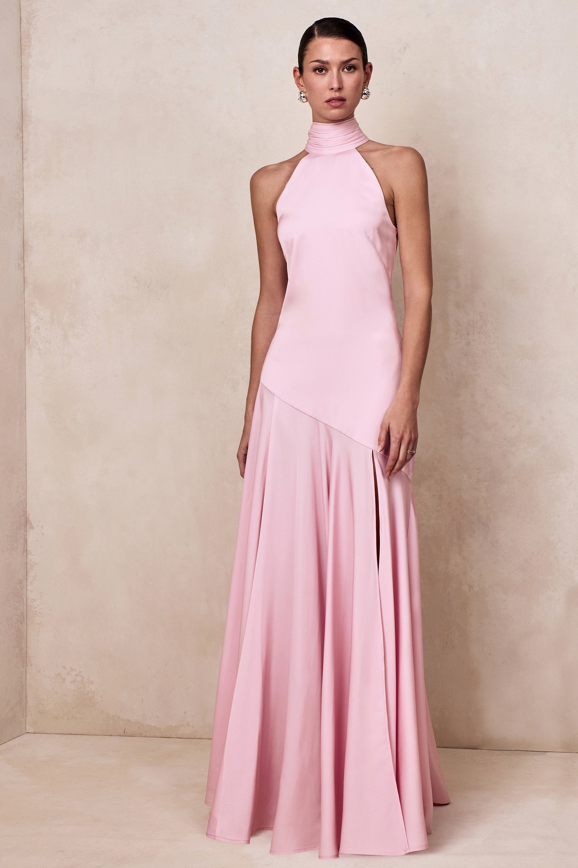 Luscious | Light Pink High-Neck Maxi Dress With Drop-Waist And Bow Detail