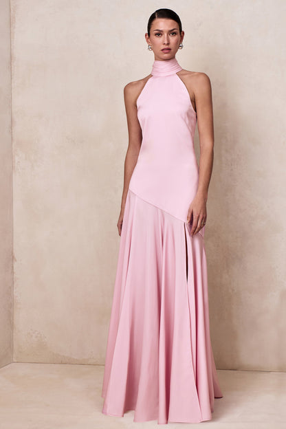Luscious | Light Pink High-Neck Maxi Dress With Drop-Waist And Bow Detail