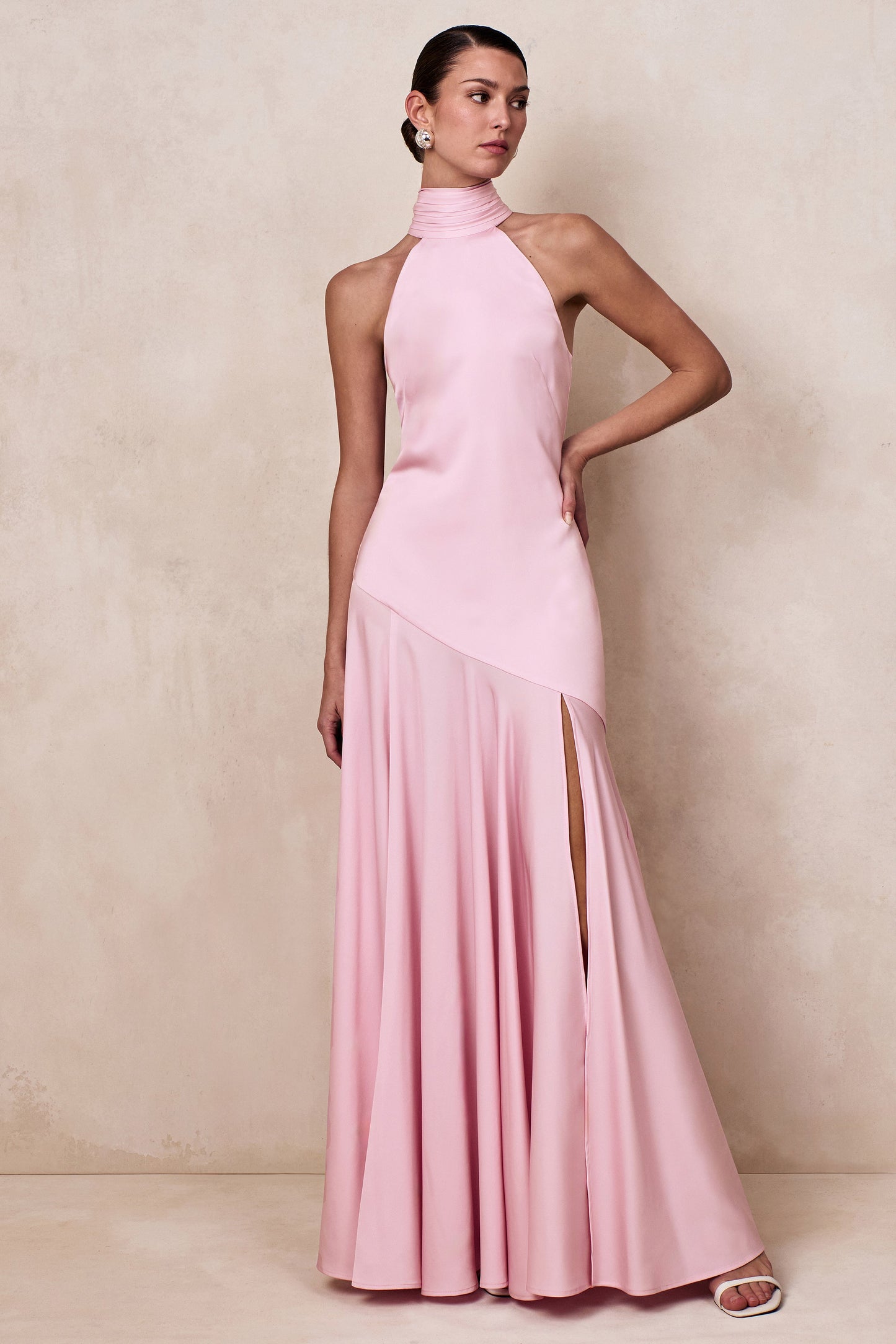 Luscious | Light Pink High-Neck Maxi Dress With Drop-Waist And Bow Detail
