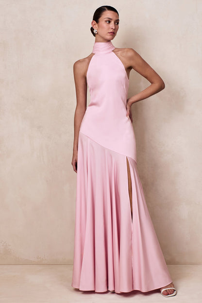 Luscious | Light Pink High-Neck Maxi Dress With Drop-Waist And Bow Detail