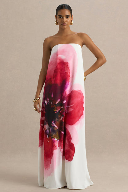 Breonna | Bright Pink Floral Placement Print Bandeau Maxi Dress