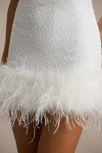 Rosalinda | White Sequin Square-Neck Mini Dress With Feather Trim