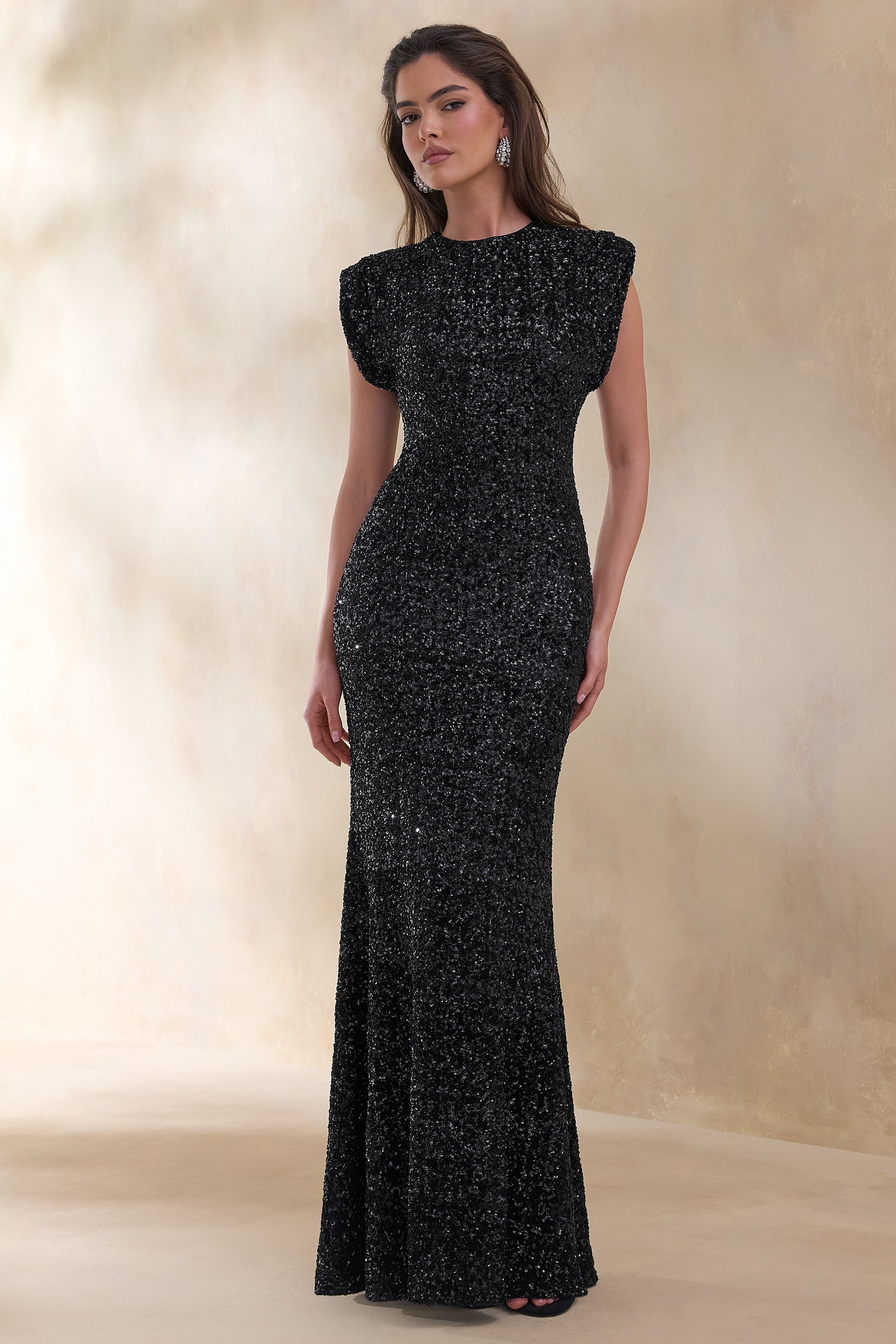 Aurah | Black Sequin Crew-Neck Maxi Dress With Cap Sleeves