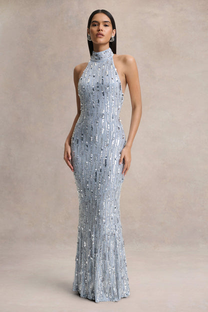 Zaira | Silver Sequin High-Neck Maxi Dress With Open-Back