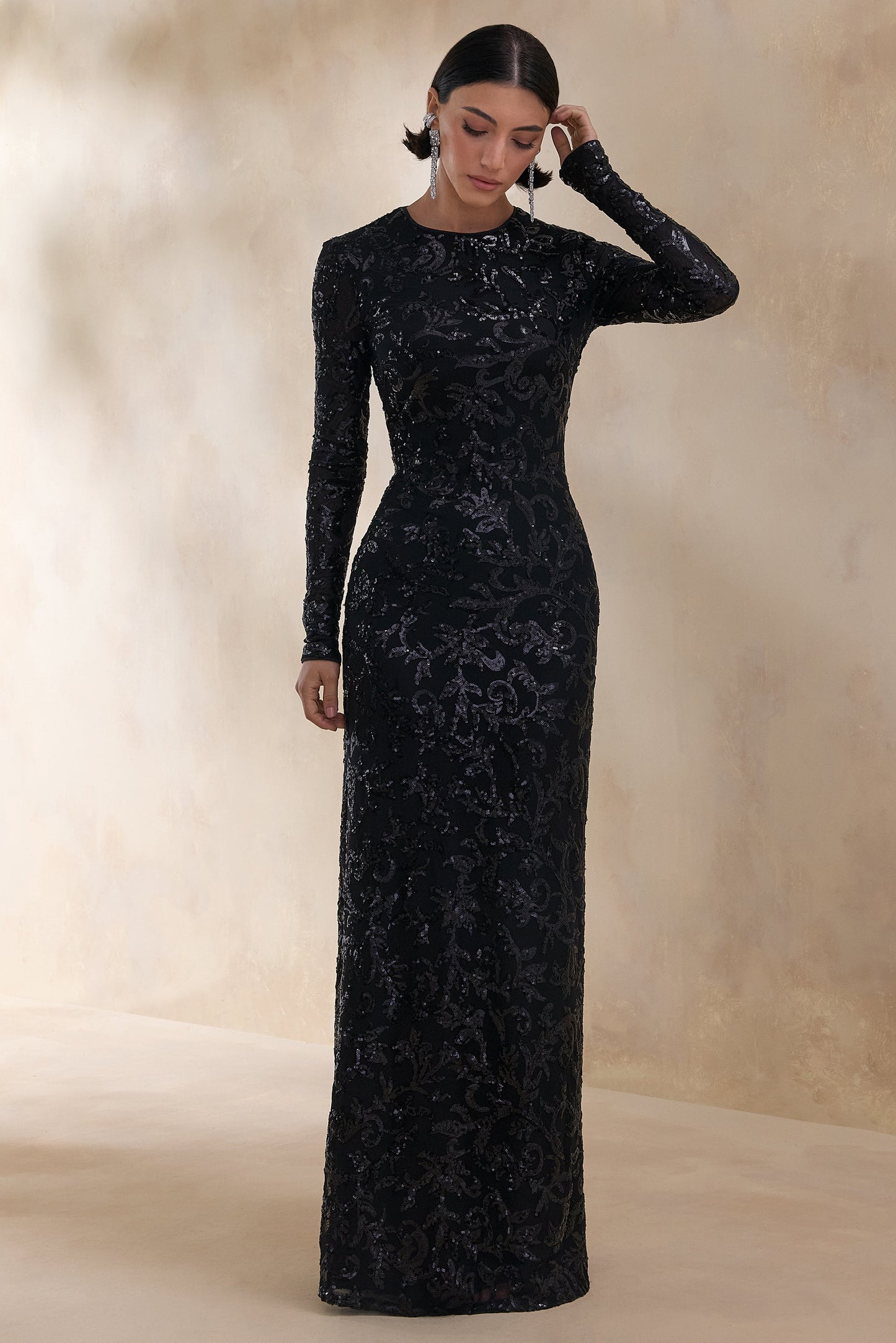 Stellar | Black Embellished Lace High-Neck Maxi Dress With Long Sleeves