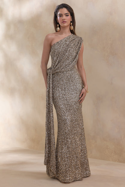Liori | Champagne Sequin Asymmetric-Neck Maxi Dress With Sash