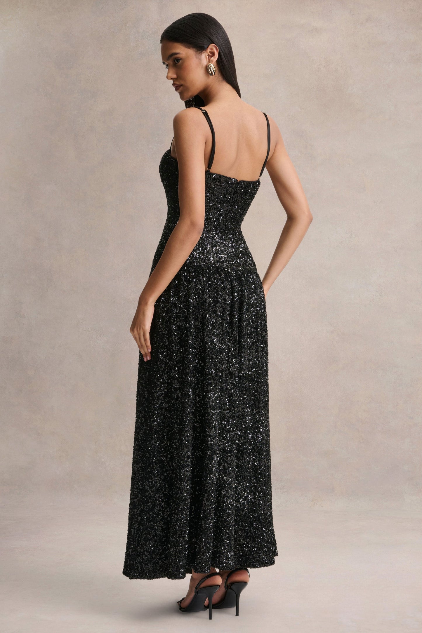 Allora | Black Sequin Square-Neck Maxi Dress With Pleated Skirt