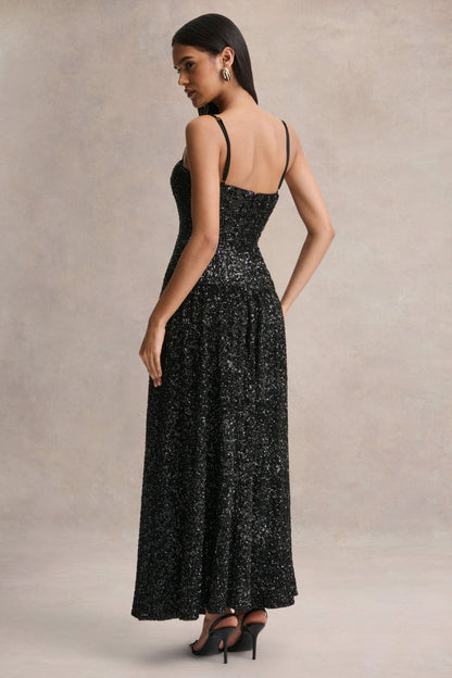 Allora | Black Sequin Square-Neck Maxi Dress With Pleated Skirt