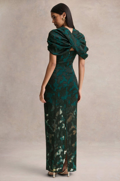 Hada | Dark Green Satin Devore Square-Neck Maxi Dress With Removable Twisted-Cape