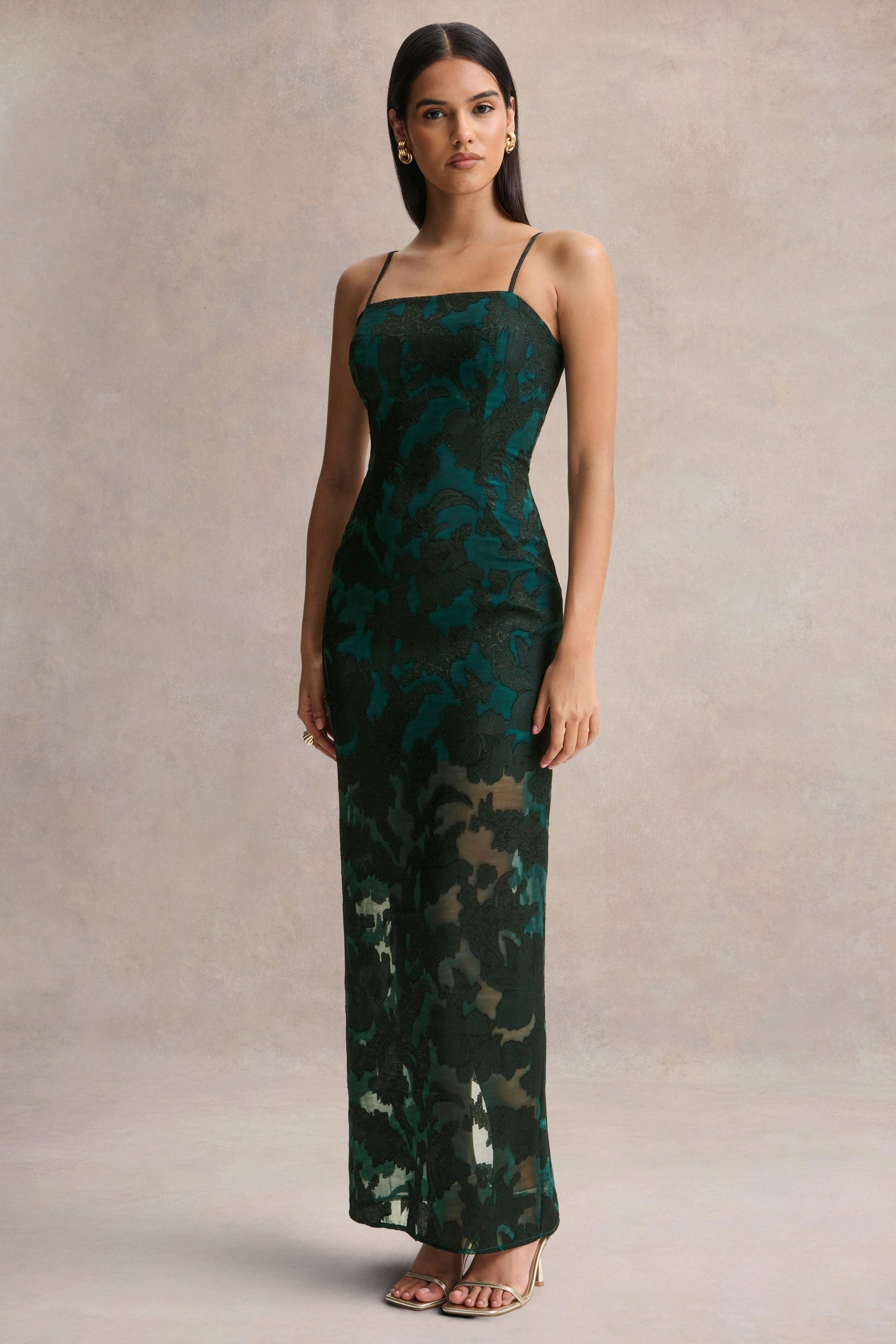 Hada | Dark Green Satin Devore Square-Neck Maxi Dress With Removable Twisted-Cape