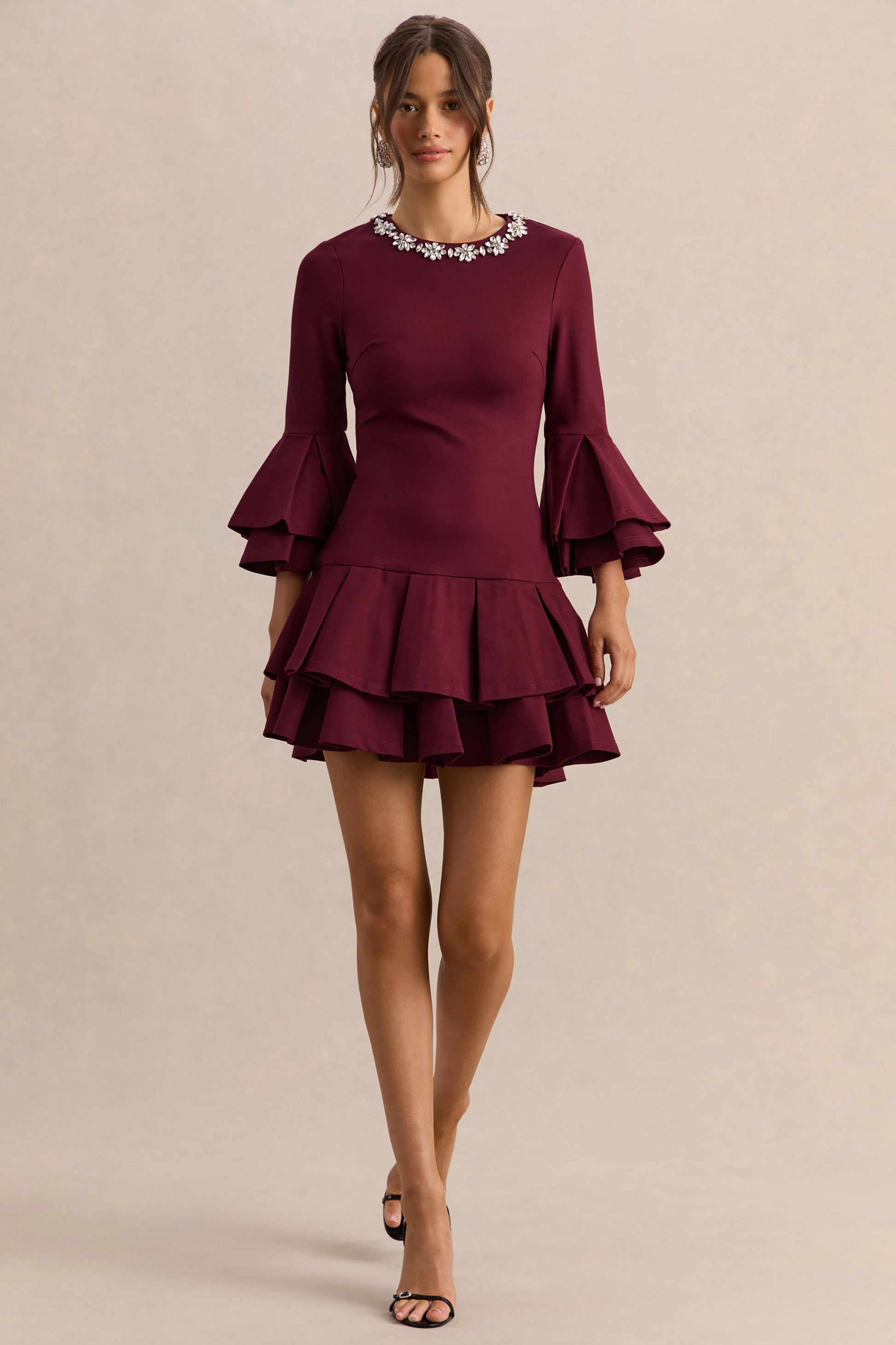 Mirna | Burgundy Crew-Neck Mini Dress With Bell Sleeves And Ruffled Detailing