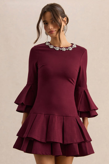 Mirna | Burgundy Crew-Neck Mini Dress With Bell Sleeves And Ruffled Detailing