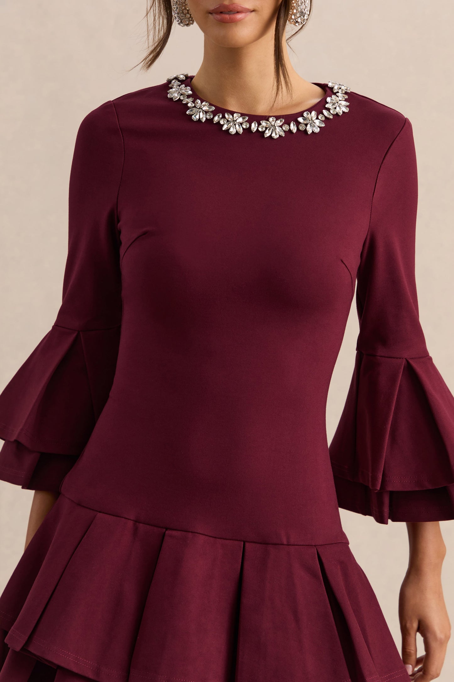Mirna | Burgundy Crew-Neck Mini Dress With Bell Sleeves And Ruffled Detailing