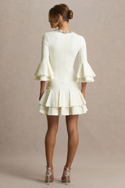 Mirna | Cream Crew Neck Mini Dress With Bell Sleeves And Ruffled Detailing
