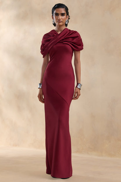 Yoli | Burgundy Satin Maxi Dress With Removable Twist-Cape