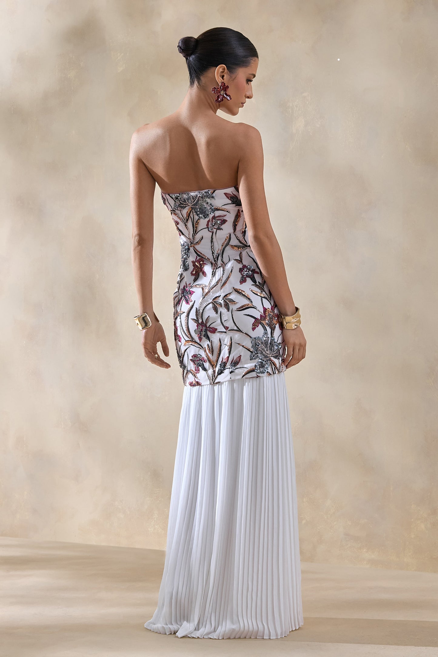 Denise | Cream Sequin Floral Bandeau-Neck Embellished Maxi Dress With Drop-Waist And Mesh Skirt
