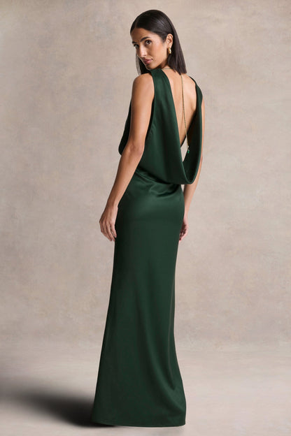 Stacey | Dark Green Slashed-Neck Maxi Dress With Open-Back And Embellished Detail