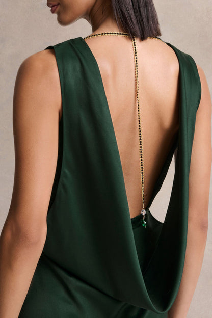 Stacey | Dark Green Slashed-Neck Maxi Dress With Open-Back And Embellished Detail