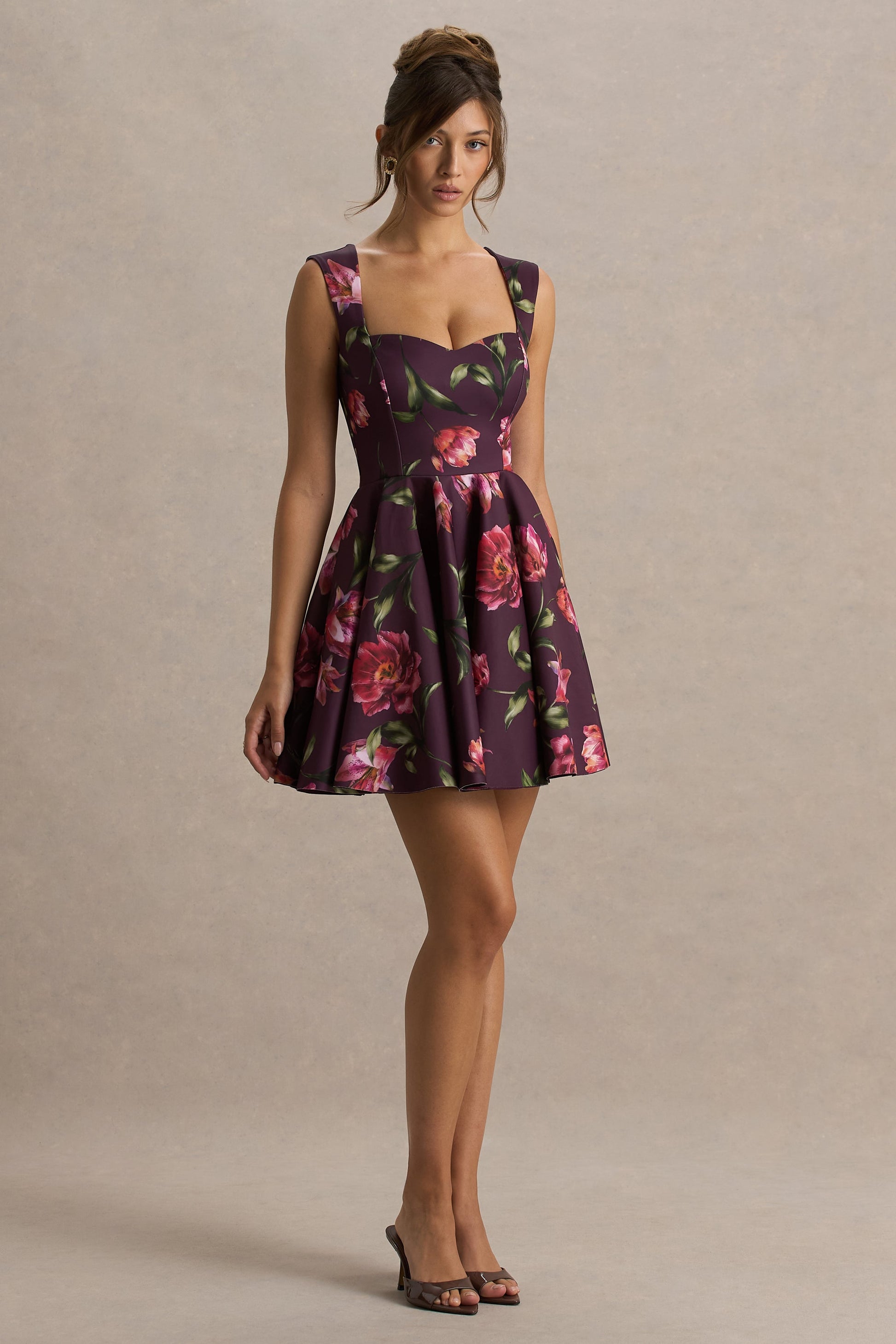 Magic | Burgundy Floral Print Sweetheart-Neck Mini Dress
