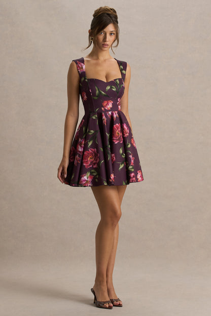 Magic | Burgundy Floral Print Sweetheart-Neck Mini Dress