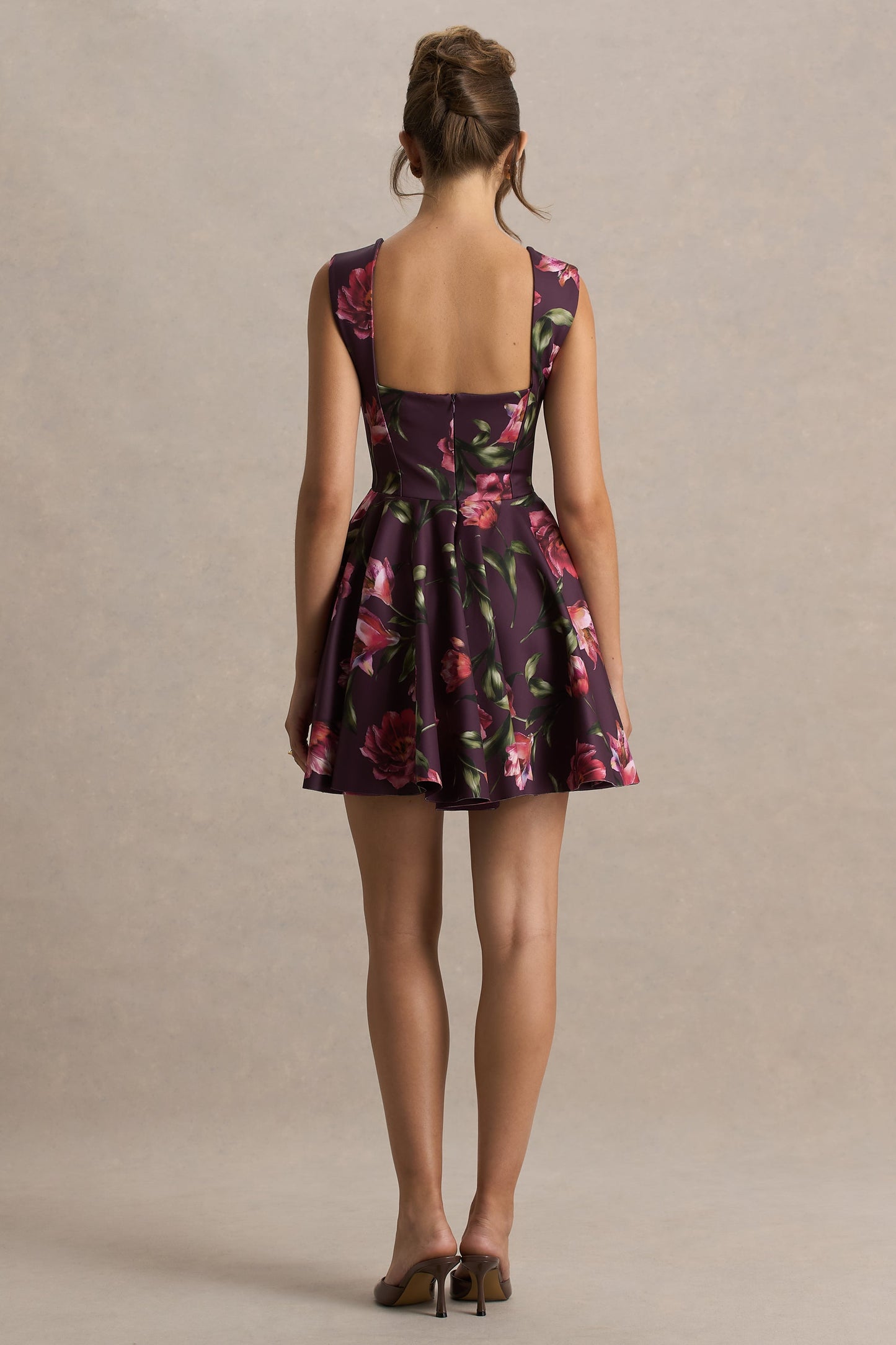 Magic | Burgundy Floral Print Sweetheart-Neck Mini Dress