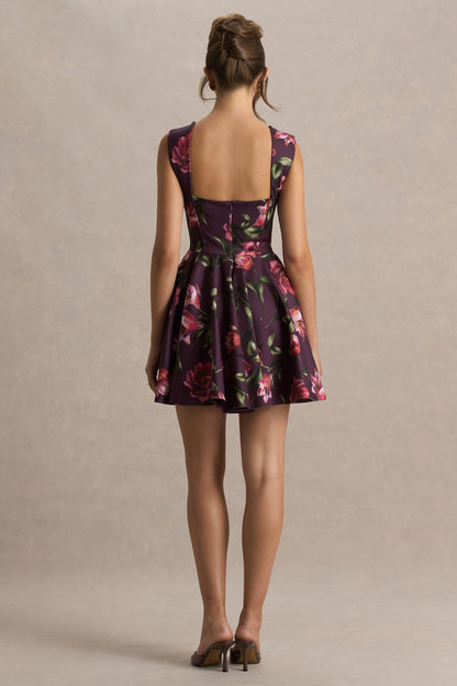 Magic | Burgundy Floral Print Sweetheart-Neck Mini Dress