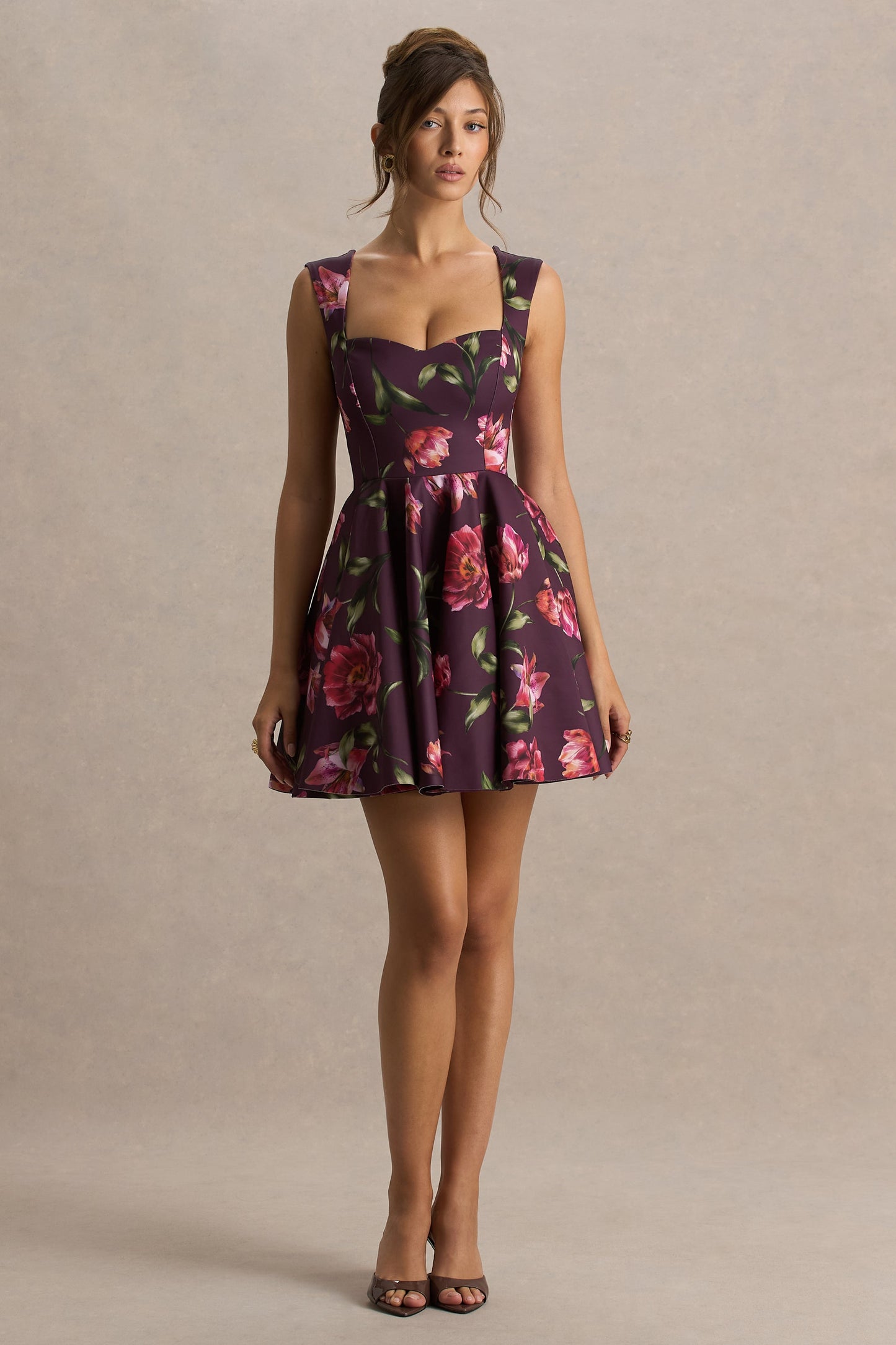 Magic | Burgundy Floral Print Sweetheart-Neck Mini Dress