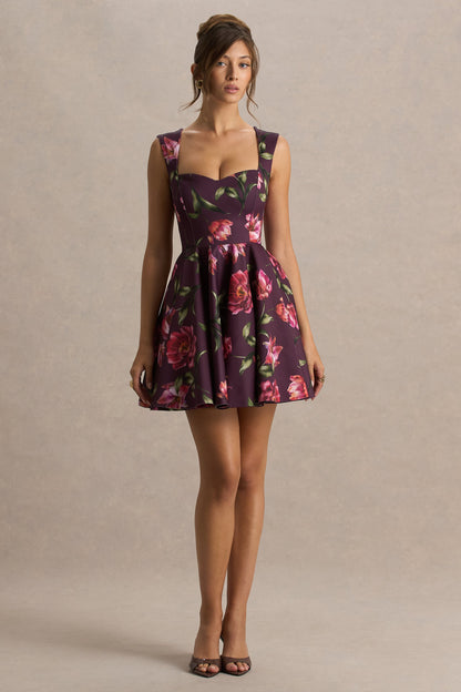 Magic | Burgundy Floral Print Sweetheart-Neck Mini Dress