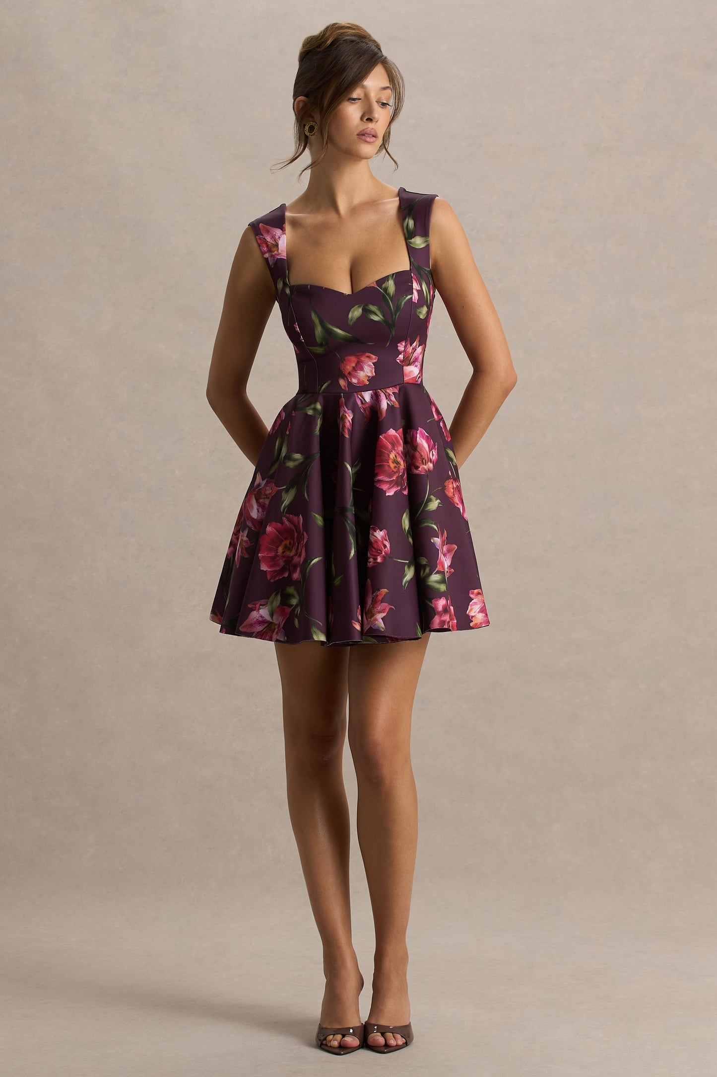 Magic | Burgundy Floral Print Sweetheart-Neck Mini Dress