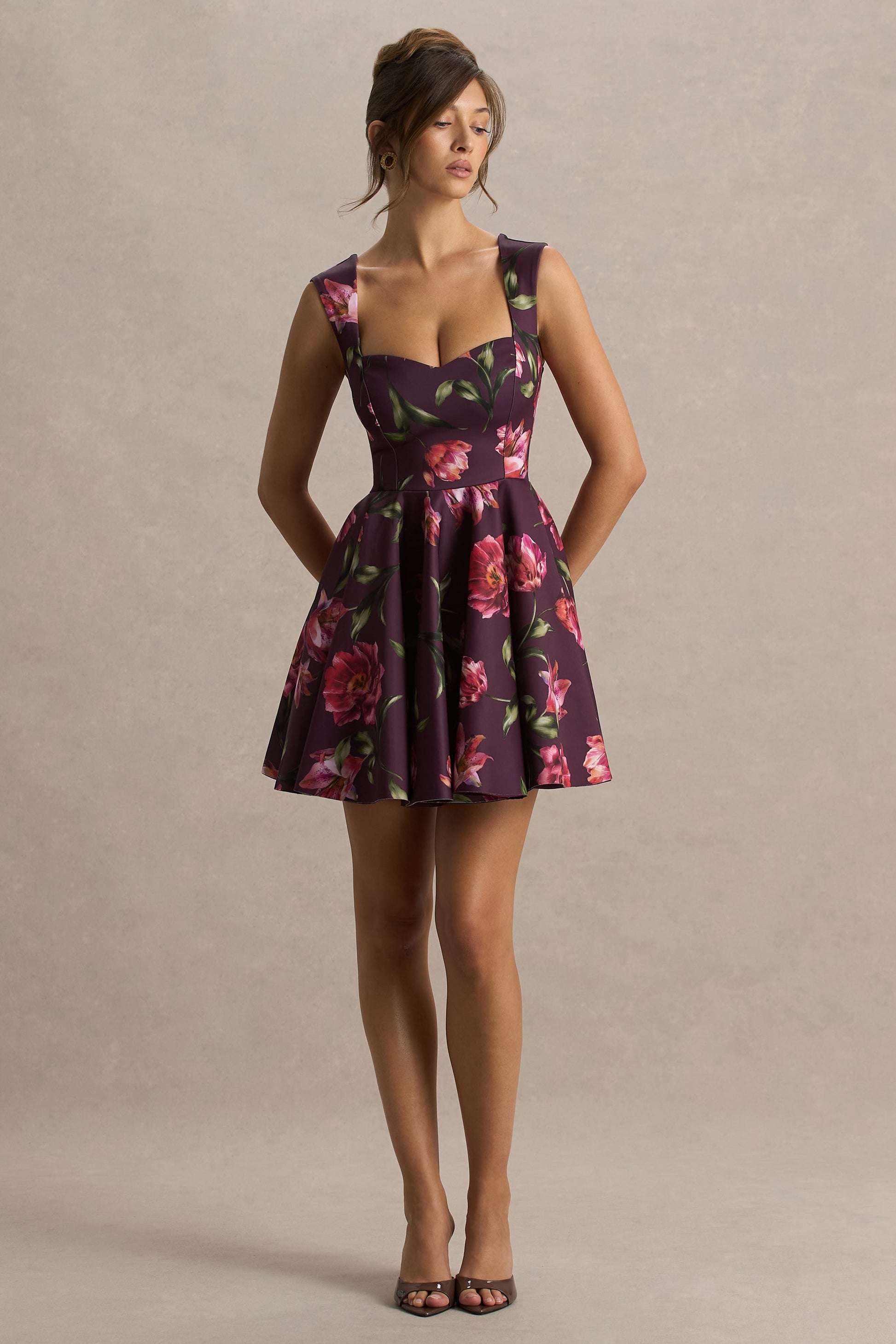 Magic | Burgundy Floral Print Sweetheart-Neck Mini Dress