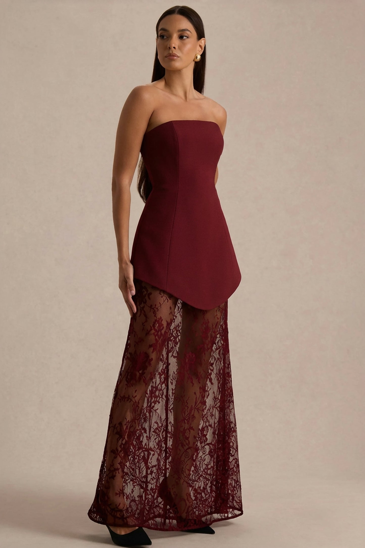 Brandi | Burgundy Bandeau Maxi Dress With Lace Skirt