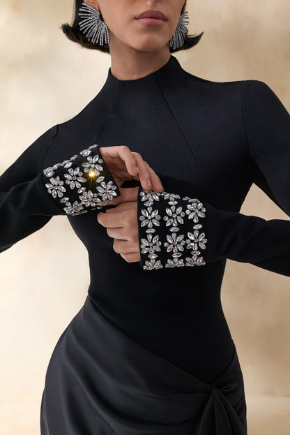 Starred | Black High-Neck Maxi Dress With Satin Wrap-Skirt And Embellished Cuffs