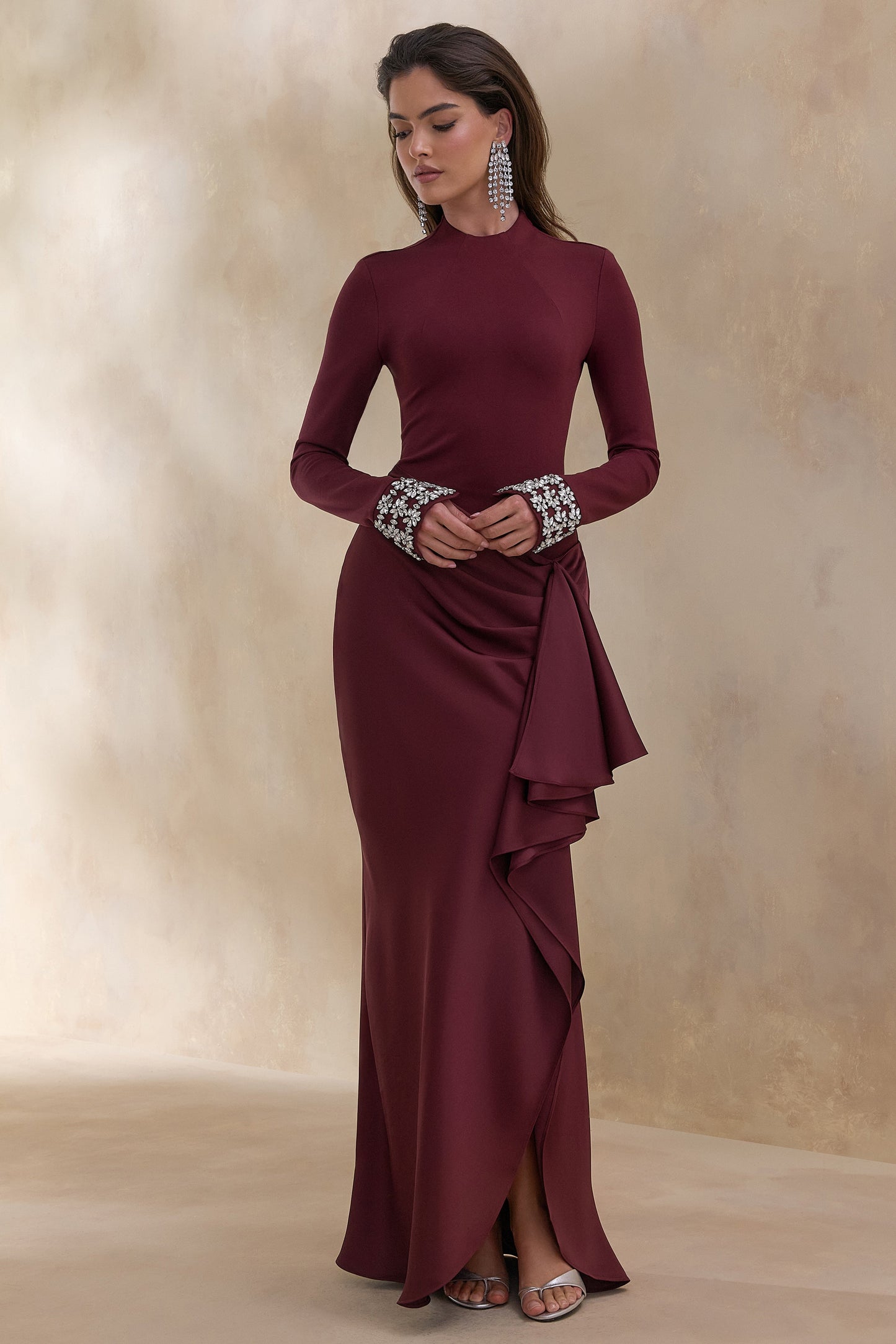 Starred | Burgundy Crew-Neck Maxi Dress With Drop-Waist And Satin Wrap-Skirt