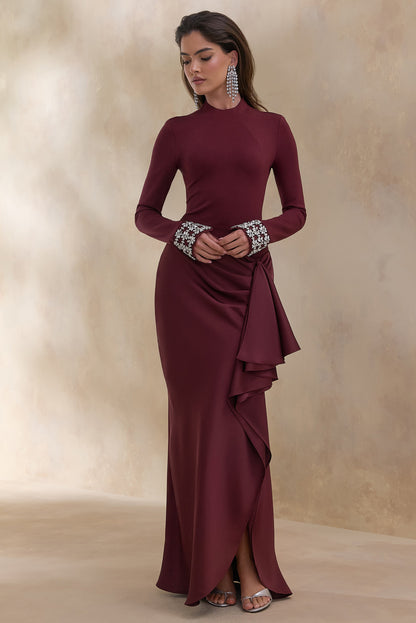 Starred | Burgundy Crew-Neck Maxi Dress With Drop-Waist And Satin Wrap-Skirt