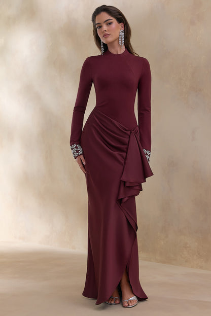 Starred | Burgundy Crew-Neck Maxi Dress With Drop-Waist And Satin Wrap-Skirt