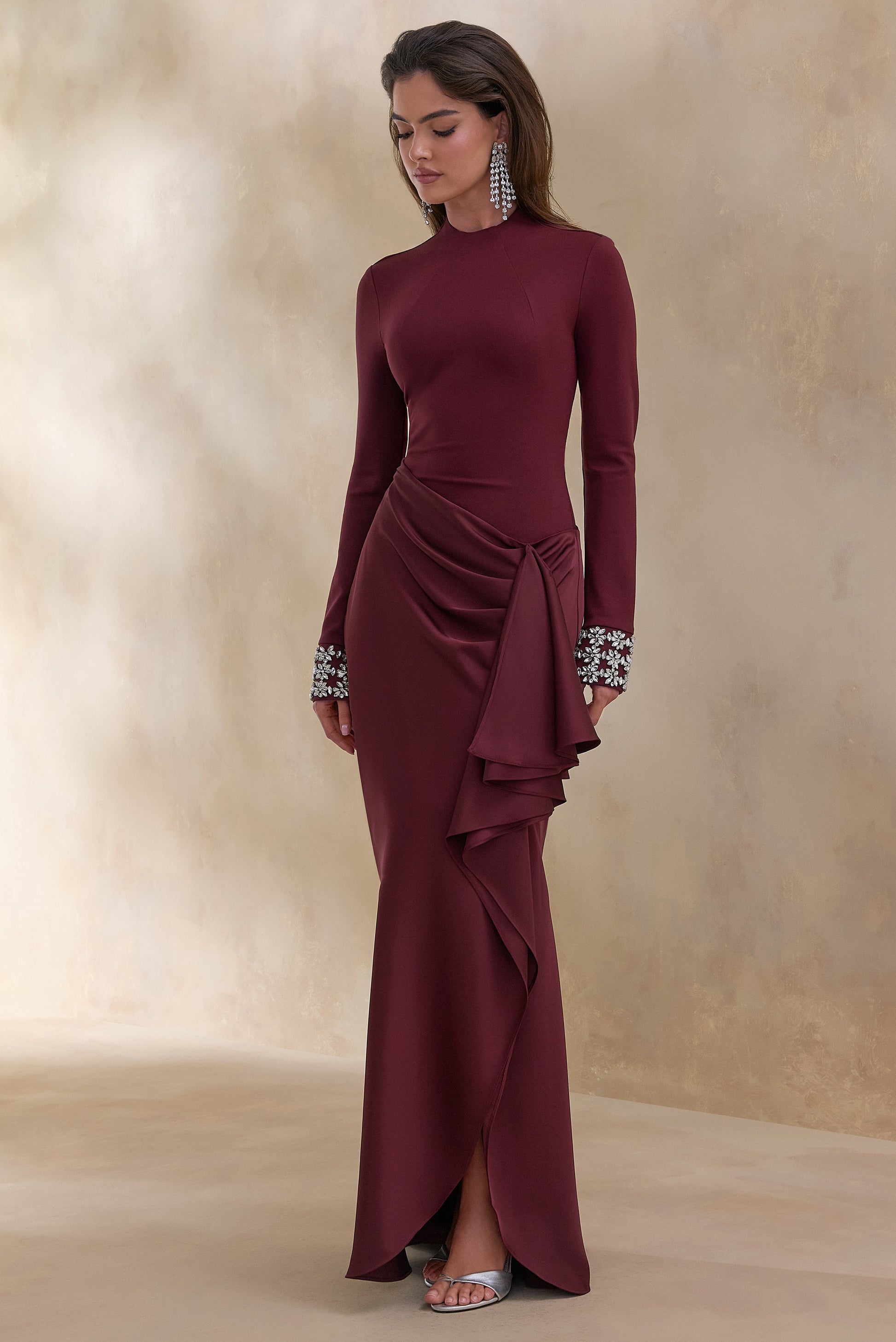 Starred | Burgundy Crew-Neck Maxi Dress With Drop-Waist And Satin Wrap-Skirt