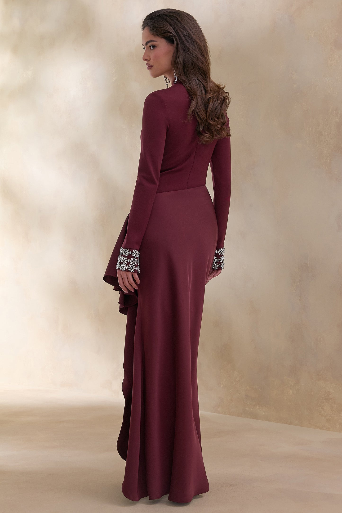 Starred | Burgundy Crew-Neck Maxi Dress With Drop-Waist And Satin Wrap-Skirt