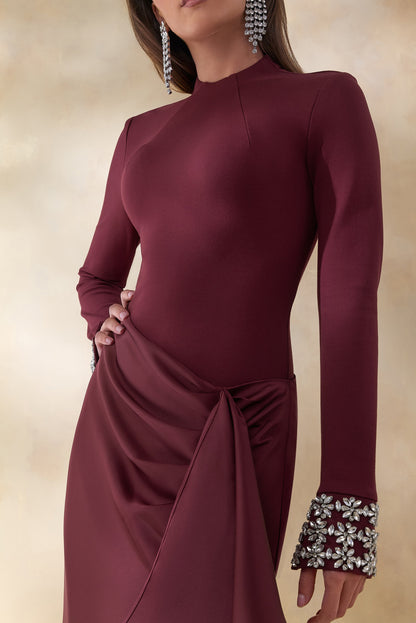 Starred | Burgundy Crew-Neck Maxi Dress With Drop-Waist And Satin Wrap-Skirt
