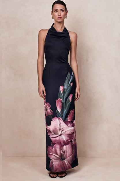 Palatial | Pink Border Print Halter-Neck Cowl Maxi Dress